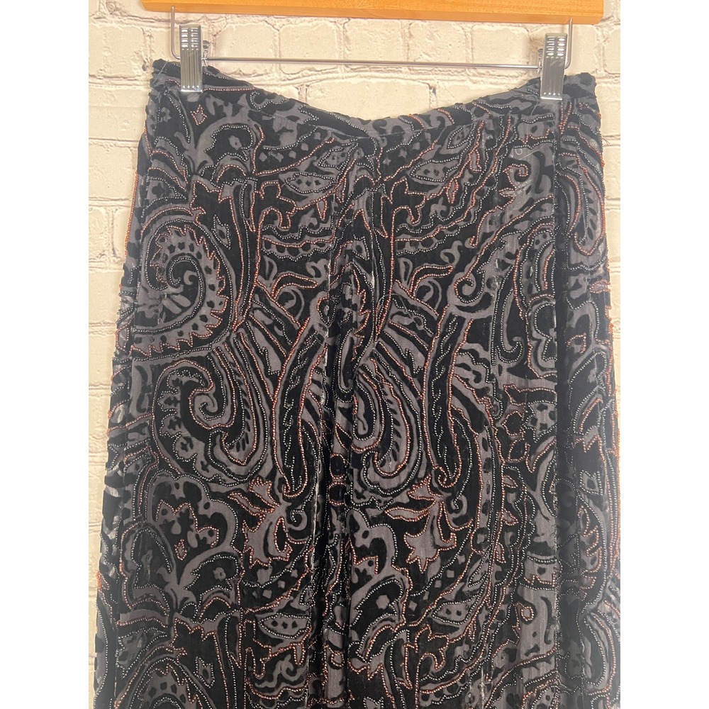 Carmen Marc Valvo Silk Velvet Paisley Beaded Sheer Pants Black Copper Size 8 - Picture 2 of 7
